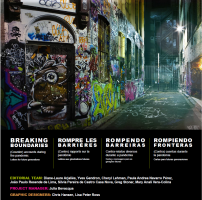 A nighttime urban alleyway covered in dense, colorful graffiti stretches into the distance, ending at a tall metal gate. The walls on both sides are layered with street art, tags, and murals in bright greens, pinks, blues, and blacks. In the left foreground, a large mural of a stylized mechanical or cartoon-like creature is painted on a door beneath an arched window. The ground is marked with chalk drawings and white scribbles. Dim streetlights and a bright overhead light cast a cool glow, creating deep shadows along the narrow passage. At the bottom of the cover, a black panel displays multilingual titles in bold, uppercase text: “BREAKING BOUNDARIES,” “ROMPRE LES BARRIÈRES,” “ROMPENDO BARREIRAS,” and “ROMPIENDO FRONTERAS,” each followed by descriptions about (counter) accounts of the pandemic and “Letters for future generations” in English, French, Portuguese, and Spanish. Below, credits list the editorial team, project manager, and graphic designers.
