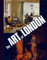 Split-image artwork titled “the ART of LONDON.” The top half shows a mid-century living room with two children—one seated in a chair watching a small television and another standing nearby—while a large window reveals a snowy suburban scene with trees and buildings. Star-shaped decorations hang in the window. The bottom half contrasts with a classical-style painting of two nude children illuminated by warm firelight in a dark interior setting. A bold diagonal band separates the two scenes, with large white text reading “the ART of LONDON.”