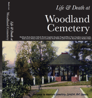 Book cover titled “Life & Death at Woodland Cemetery” with a dark background and large white serif title text. A horizontal image at the bottom shows a historic cemetery entrance with a small pavilion or gatehouse, bordered by white posts and surrounded by trees and greenery. A path leads to the entrance, and text on the image reads “Entrance to Woodland Cemetery, London, Ont., Canada.” Author names appear beneath the title, and additional title text is printed vertically along the left spine area.
