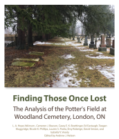 Front cover showing a winter scene in a cemetery with evergreen trees on the left and rows of upright gravestones on the right, with patches of snow on the ground and a few flat, weathered grave markers in the foreground. The title below reads “Finding Those Once Lost,” followed by the subtitle “The Analysis of the Potter’s Field at Woodland Cemetery, London, ON.” Credits list multiple authors and note that the work is edited by Andrew J. Nelson.