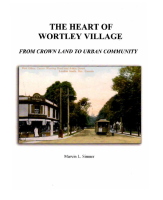 Book cover titled The Heart of Wortley Village: From Crown Land to Urban Community by Marvin L. Simner. The cover features a vintage color postcard of a tree-lined street in London South, Ontario, showing a streetcar traveling down the road, utility poles, and a corner building with shops. The title appears in large black text above the image, with the author’s name centered below on a light gray background.