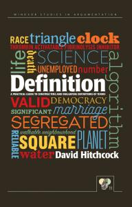 Definition book cover with word cloud. Windsor studies in argumentation owl of minerva logo.